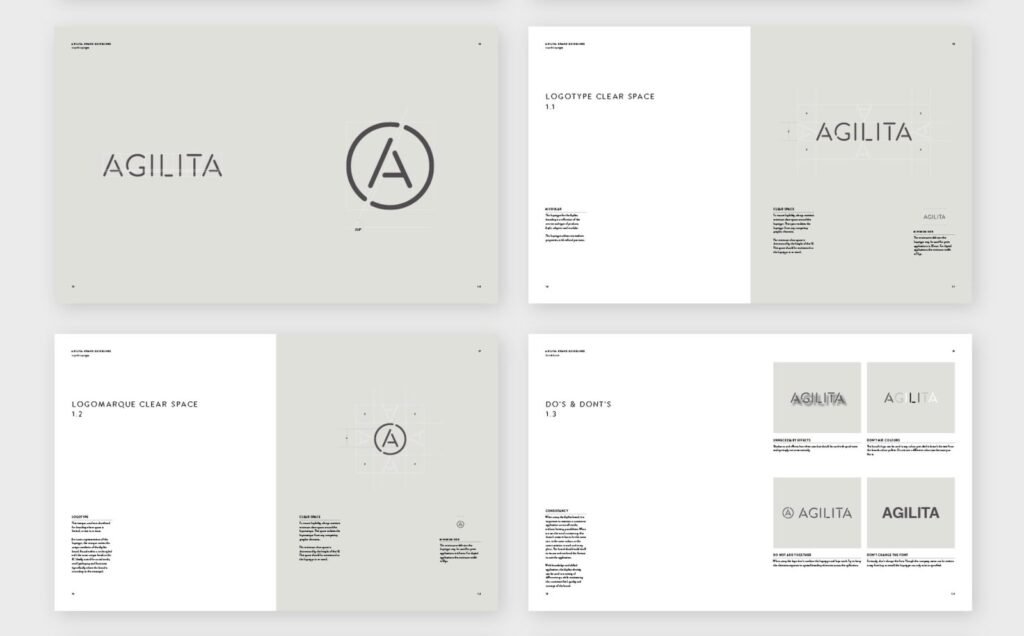 Style guide pages for workplace furniture designer Agilita, by Parent.