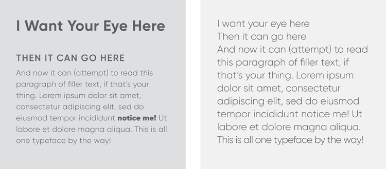 Example of good vs bad visual hierarchy in typography.