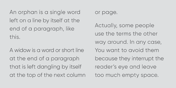 Example of orphans and widows in typesetting.