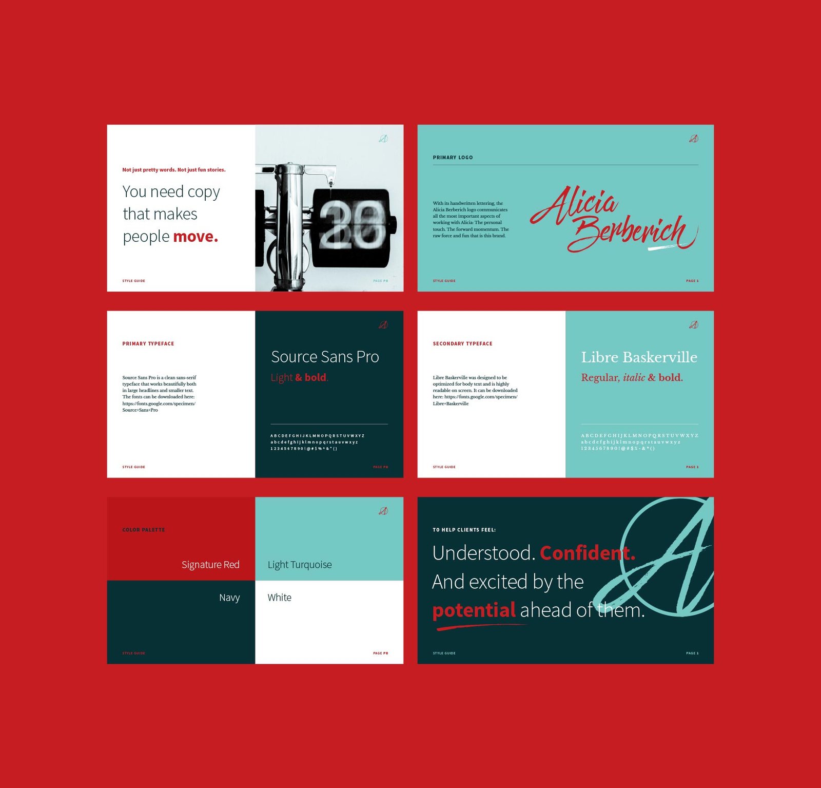 Style guide pages for copywriter brand identity design