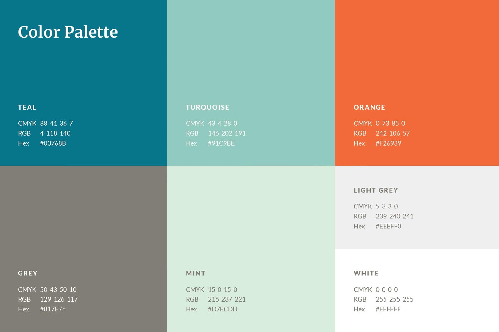 Brand colour palette of blue-greens and orange