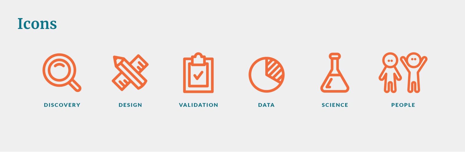 Icon designs for discovery, design, validation, data, science and people