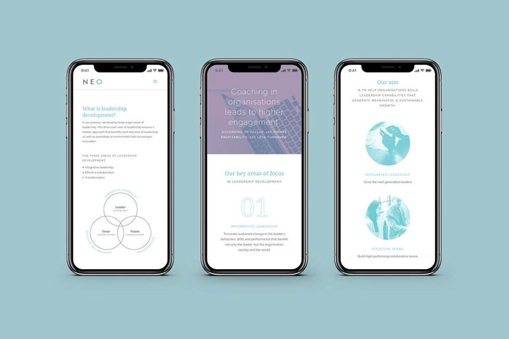 Executive coaching brand website designs on mobile, designed by Lisa Furze