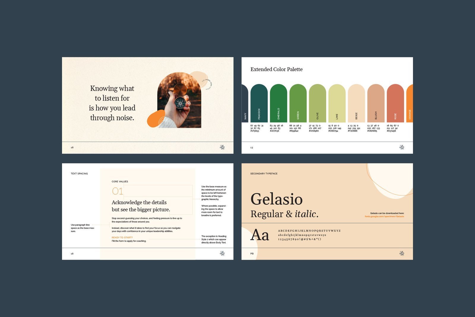 Style guide page examples for leadership coaching company