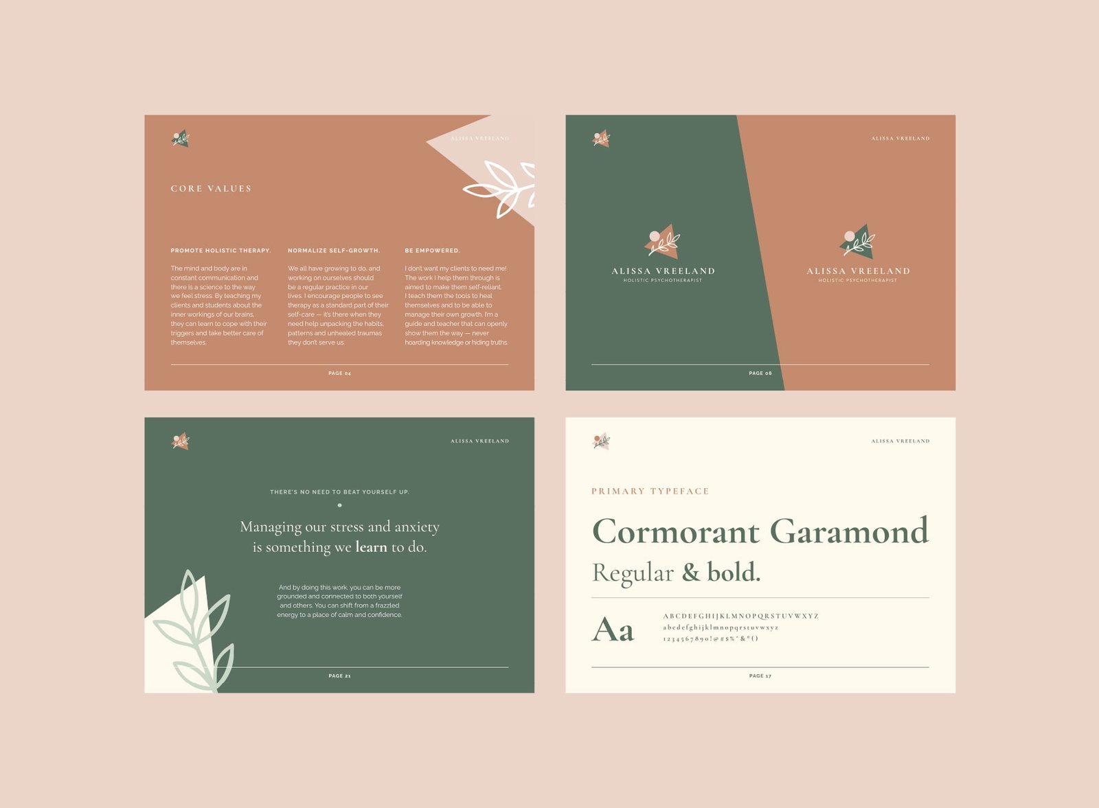 Holistic psychotherapist brand style guide page examples