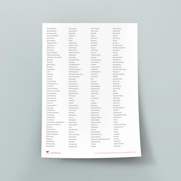 Get your free printable list of 200 brand values for easy reference.