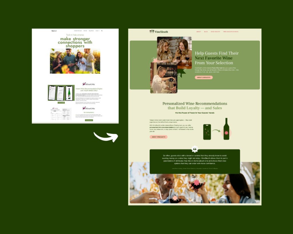Before and after images of a website