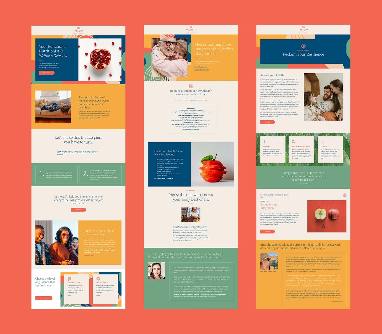 Website page designs for a wellness and nutrition coach.